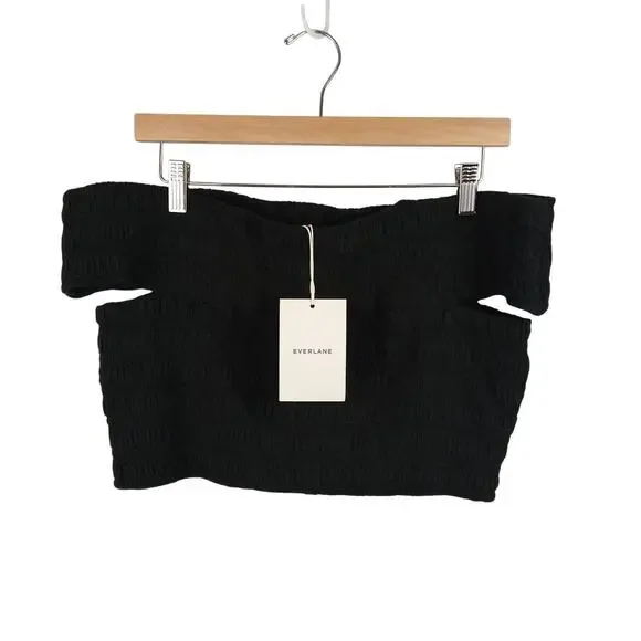 Everlane SZ L Organic Cotton Gauze Off Shoulder Smocked Top In Black NWT - Picture 2 of 4